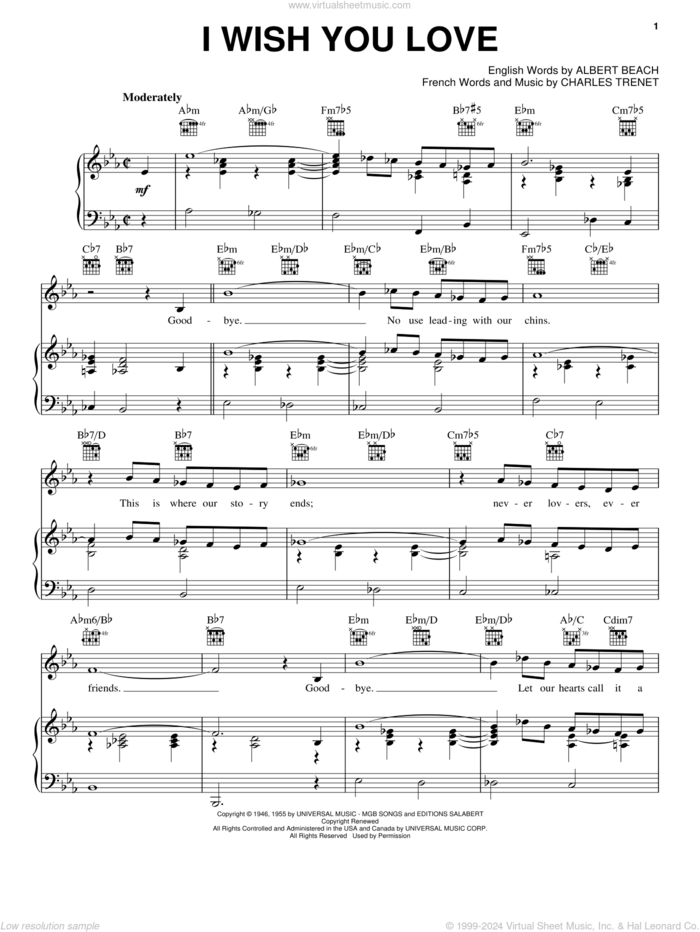 I Wish You Love sheet music for voice, piano or guitar by Gloria Lynne, Dean Martin, Shirley Bassey, Albert Beach and Charles Trenet, intermediate skill level