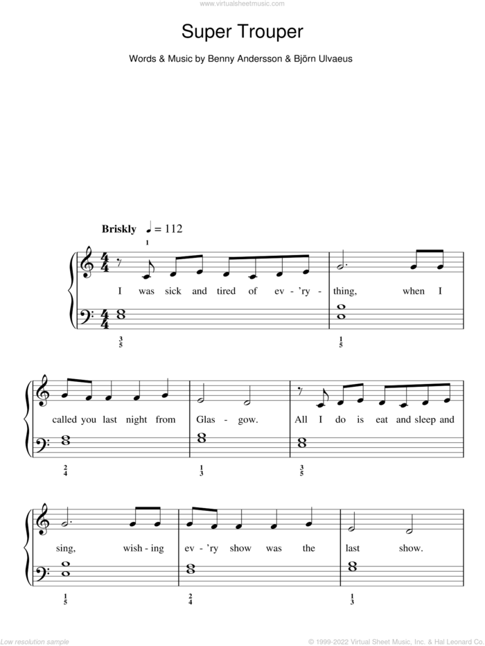Super Trouper sheet music for piano solo by ABBA, Benny Andersson and Bjorn Ulvaeus, easy skill level