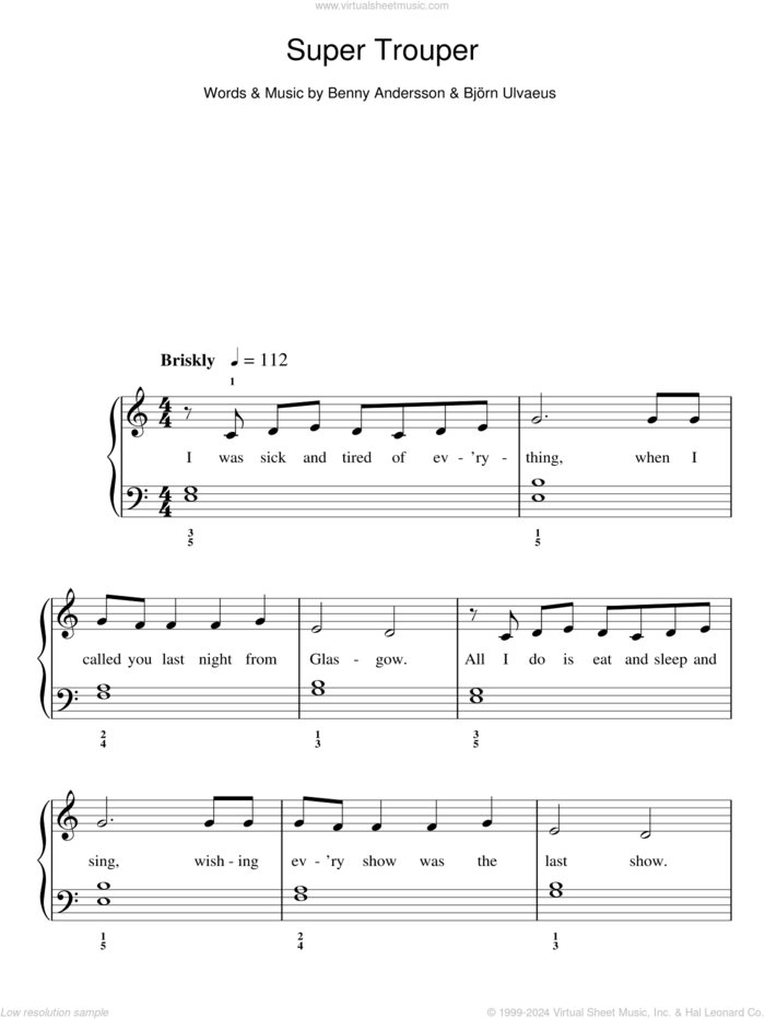 Super Trouper sheet music for piano solo by ABBA, Benny Andersson and Bjorn Ulvaeus, easy skill level