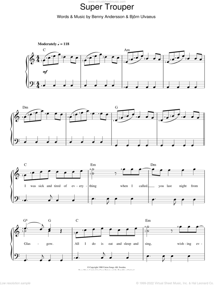 Super Trouper sheet music for voice and piano by ABBA, Benny Andersson and Bjorn Ulvaeus, intermediate skill level
