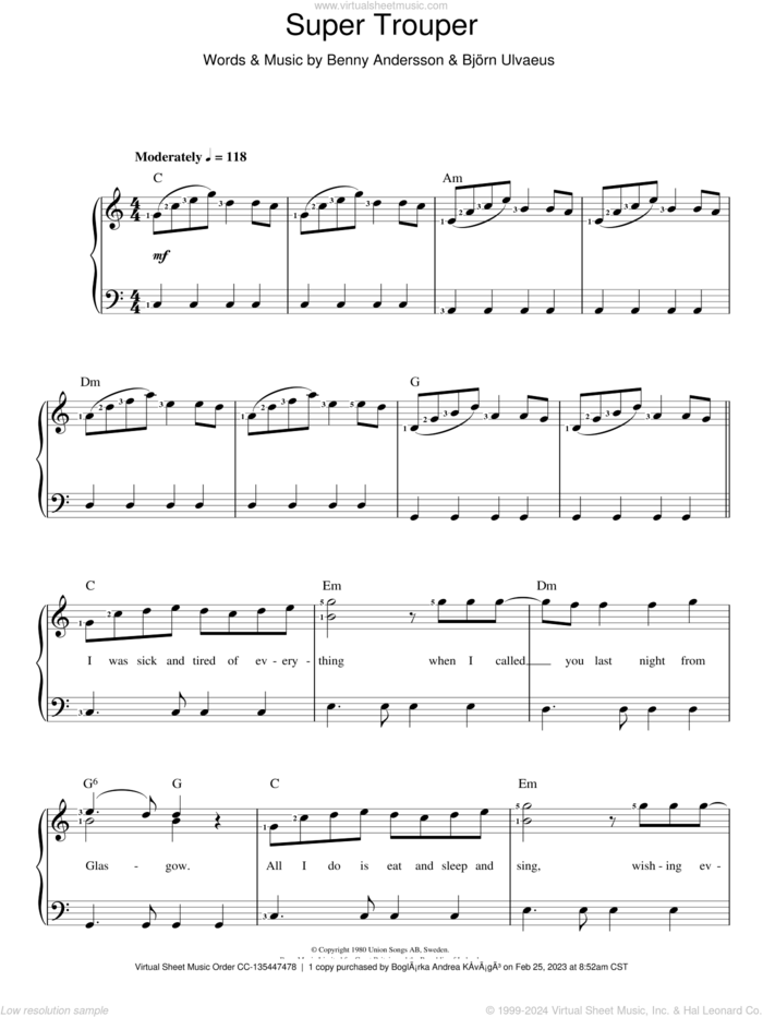 Super Trouper sheet music for voice and piano by ABBA, Benny Andersson and Bjorn Ulvaeus, intermediate skill level