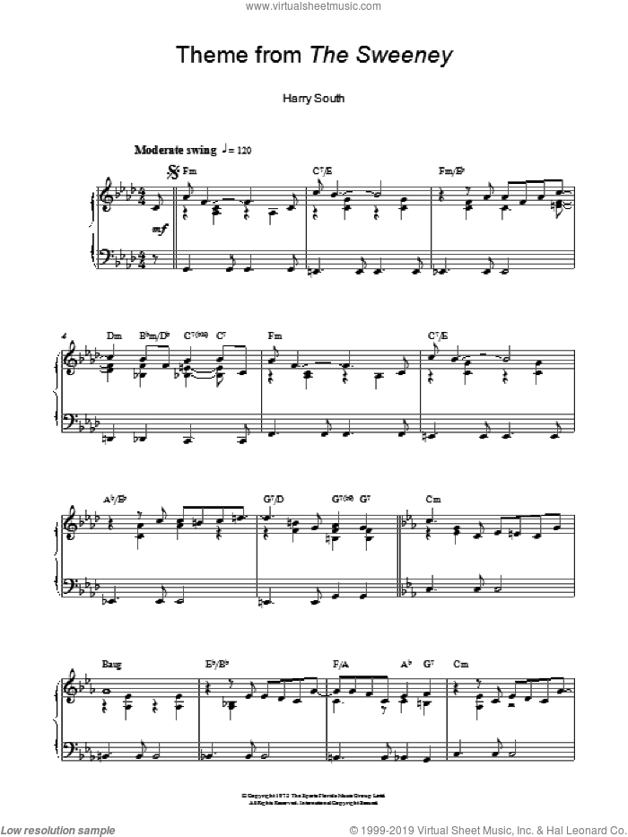 Theme from The Sweeney sheet music for piano solo by Harry South, intermediate skill level
