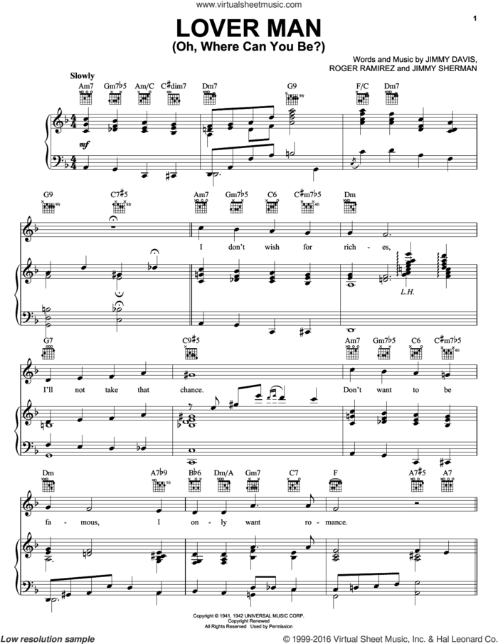 Lover Man (Oh, Where Can You Be?) sheet music for voice, piano or guitar by Billie Holiday, Jimmie Davis, Jimmy Sherman and Roger Ramirez, intermediate skill level