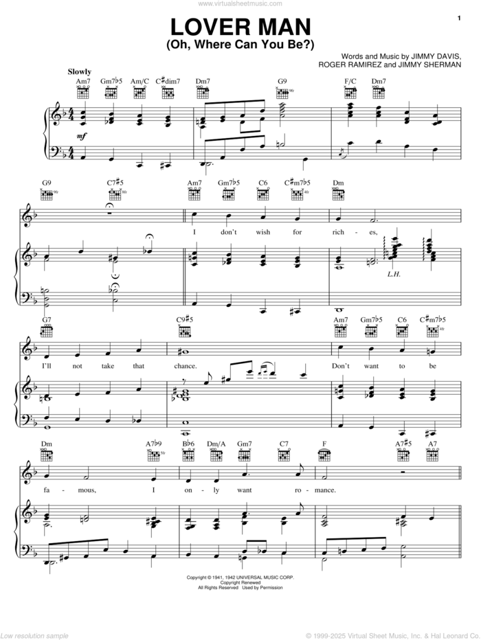 Lover Man (Oh, Where Can You Be?) sheet music for voice, piano or guitar by Billie Holiday, Jimmie Davis, Jimmy Sherman and Roger Ramirez, intermediate skill level