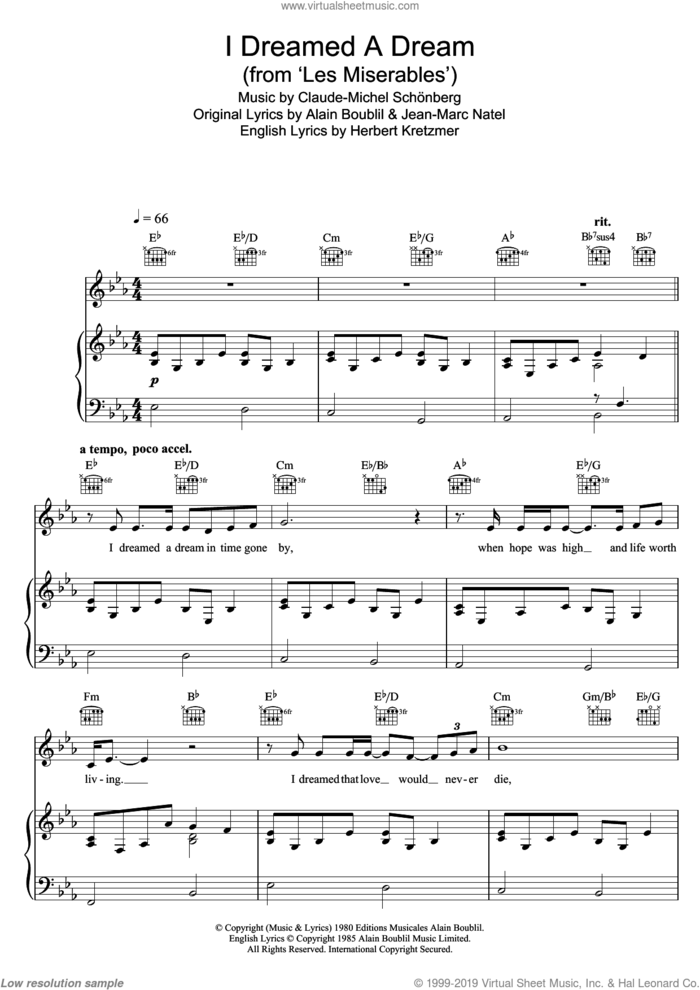 I Dreamed A Dream (from Les Miserables) sheet music for voice, piano or guitar by Susan Boyle, Alain Boublil, Claude-Michel Schonberg, Herbert Kretzmer and Jean-Marc Natel, intermediate skill level