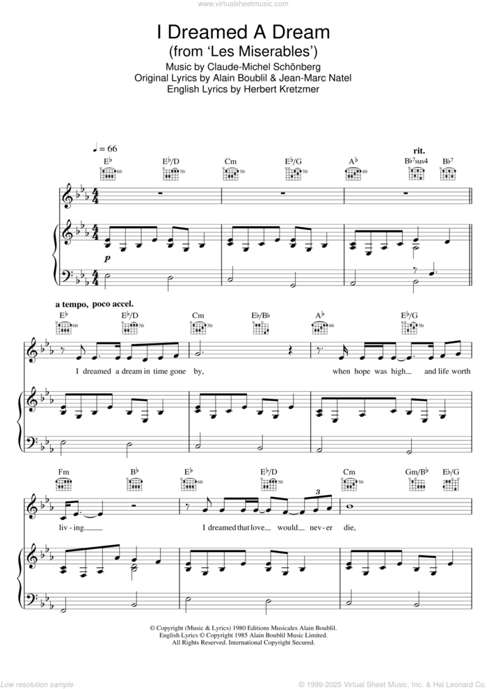 I Dreamed A Dream (from Les Miserables) sheet music for voice, piano or guitar by Susan Boyle, Alain Boublil, Claude-Michel Schonberg, Herbert Kretzmer and Jean-Marc Natel, intermediate skill level