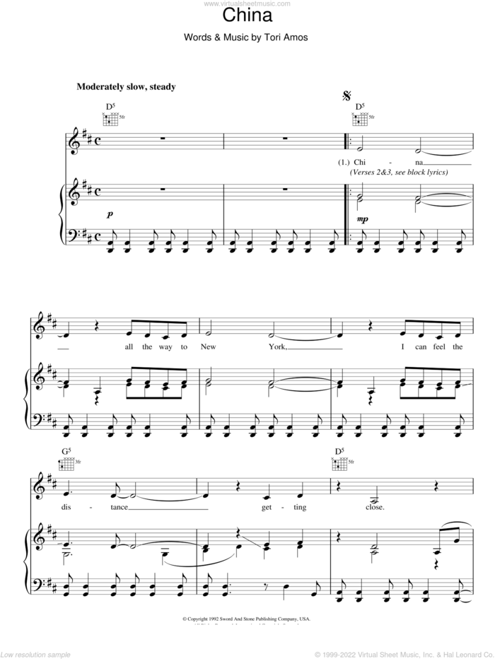 China sheet music for voice, piano or guitar by Tori Amos, intermediate skill level