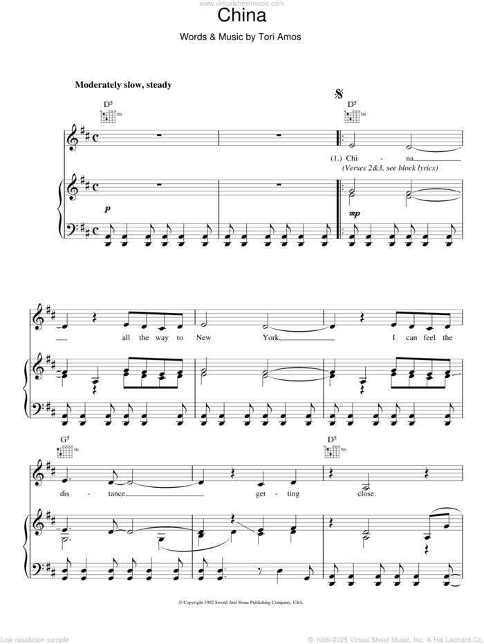 China sheet music for voice, piano or guitar by Tori Amos, intermediate skill level