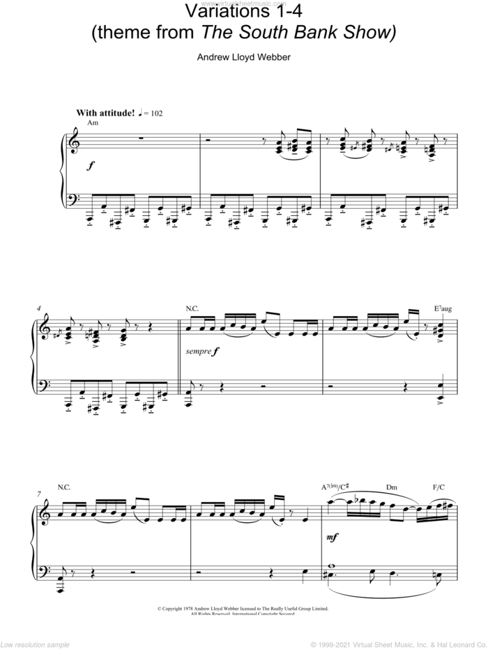 Variations 1-4 (theme from The South Bank Show) sheet music for piano solo by Andrew Lloyd Webber, intermediate skill level