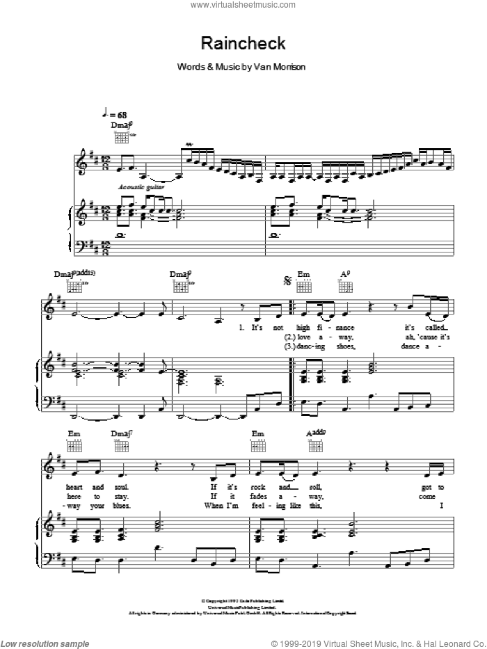 Raincheck sheet music for voice, piano or guitar by Van Morrison, intermediate skill level