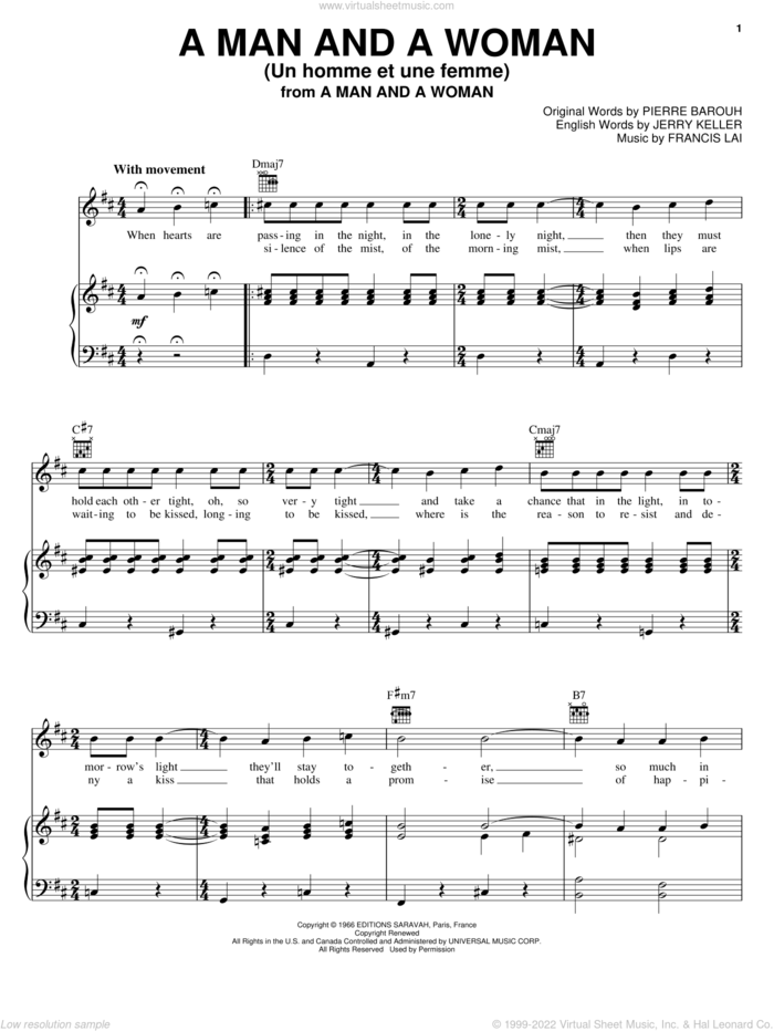 A Man And A Woman (Un Homme Et Une Femme) sheet music for voice, piano or guitar by Francis Lai, Jerry Keller and Pierre Barouh, intermediate skill level