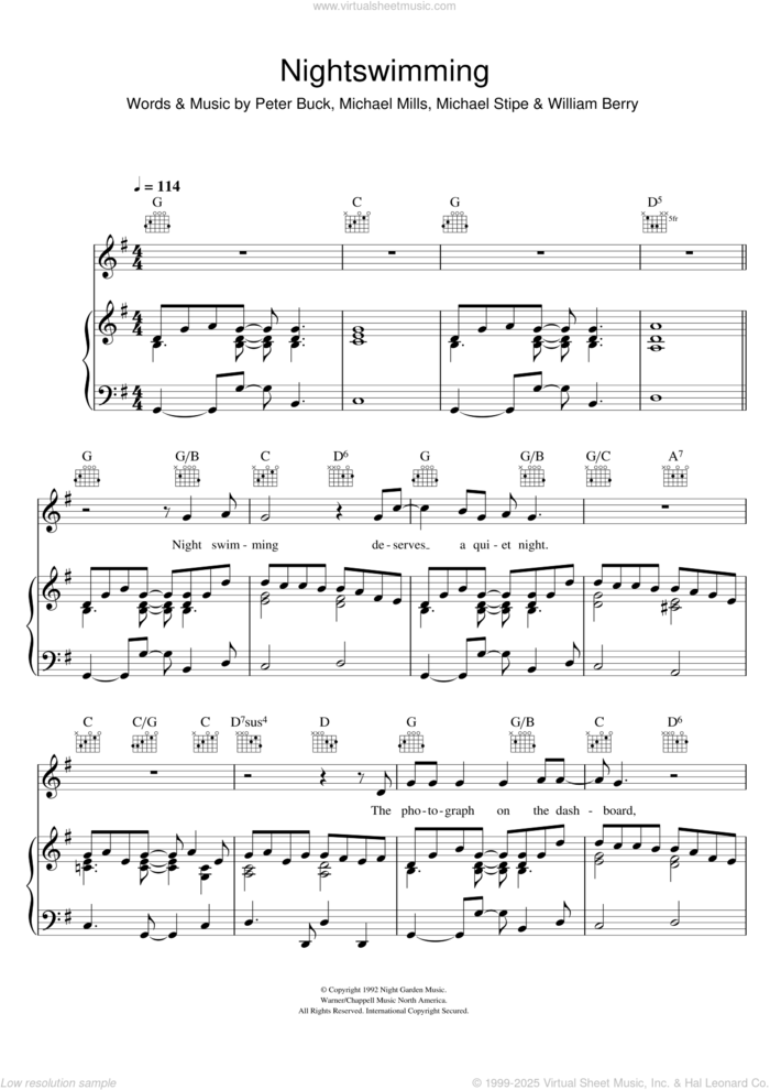 Nightswimming sheet music for voice, piano or guitar by R.E.M., Michael Stipe, Mike Mills, Peter Buck and William Berry, intermediate skill level