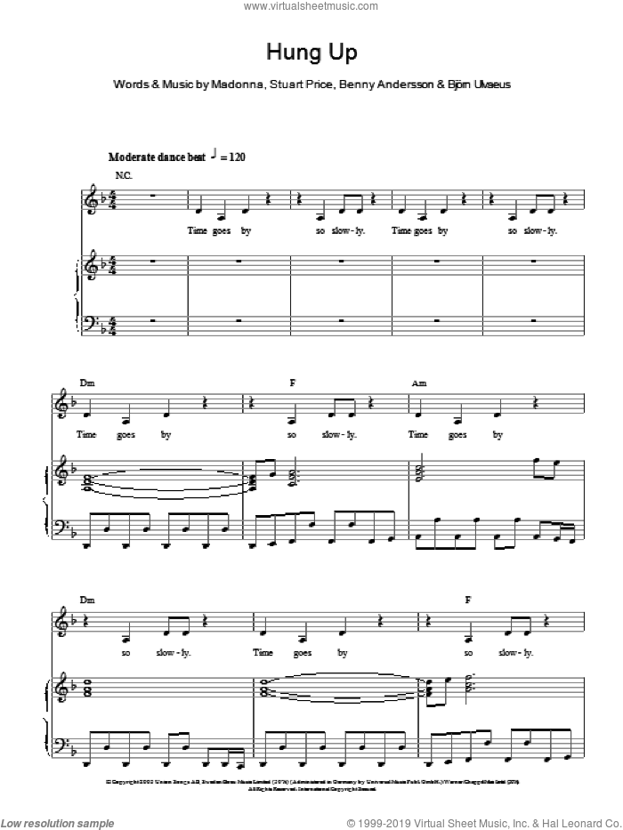 Hung Up sheet music for voice, piano or guitar by Madonna, Benny Andersson and Stuart Price, intermediate skill level