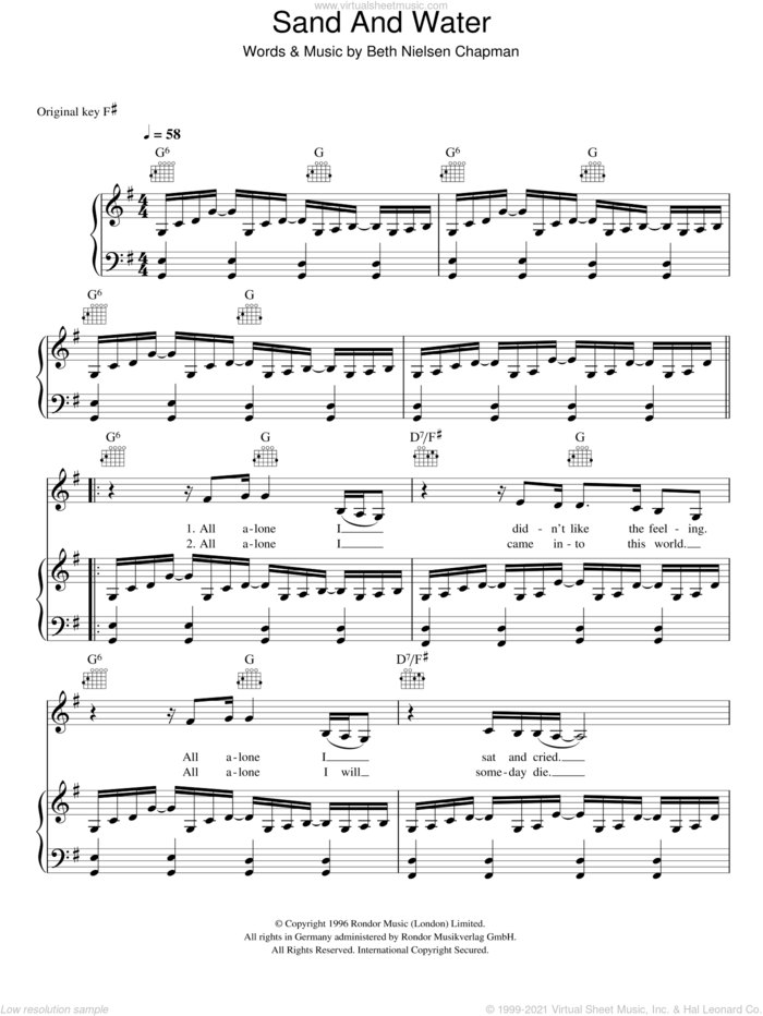 Sand And Water sheet music for voice, piano or guitar by Beth Nielsen Chapman, intermediate skill level