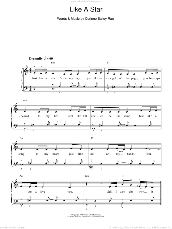 Like A Star sheet music for piano solo by Corinne Bailey Rae, easy skill level