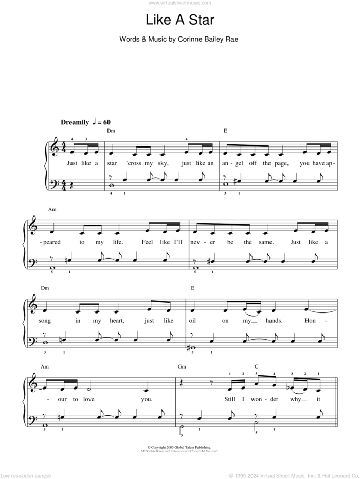 Like A Star sheet music for piano solo by Corinne Bailey Rae, easy skill level