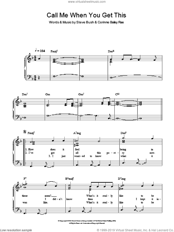 Call Me When You Get This sheet music for piano solo by Corinne Bailey Rae and Steve Bush, easy skill level