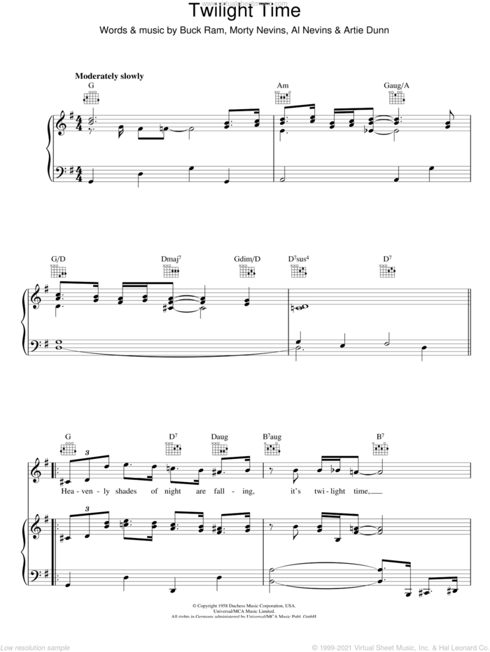 Twilight Time sheet music for voice, piano or guitar by The Platters, Al Nevins, Buck Ram and Morty Nevins, intermediate skill level