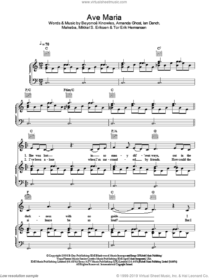 Ave Maria sheet music for voice, piano or guitar by Beyonce, Amanda Ghost, Beyonce Knowles, Ian Dench, Makeba, Mikkel S. Eriksen and Tor Erik Hermansen, intermediate skill level
