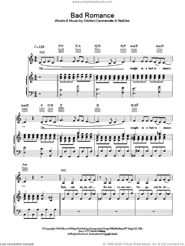 Bad Romance sheet music for voice, piano or guitar by Lady GaGa and RedOne, intermediate skill level