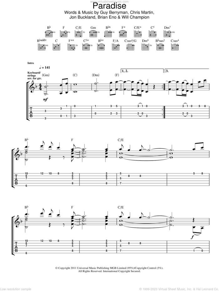 Paradise sheet music for guitar (tablature) by Coldplay, Brian Eno, Chris Martin, Guy Berryman, Jon Buckland and Will Champion, intermediate skill level