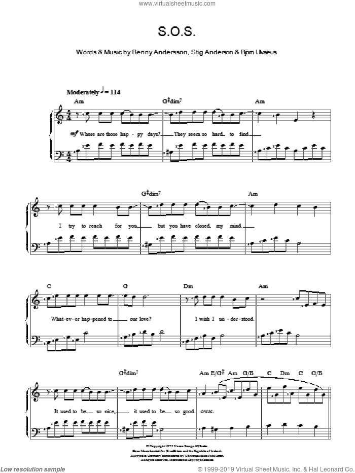 S.O.S. sheet music for voice and piano by ABBA, Benny Andersson, Bjorn Ulvaeus and Stig Anderson, intermediate skill level