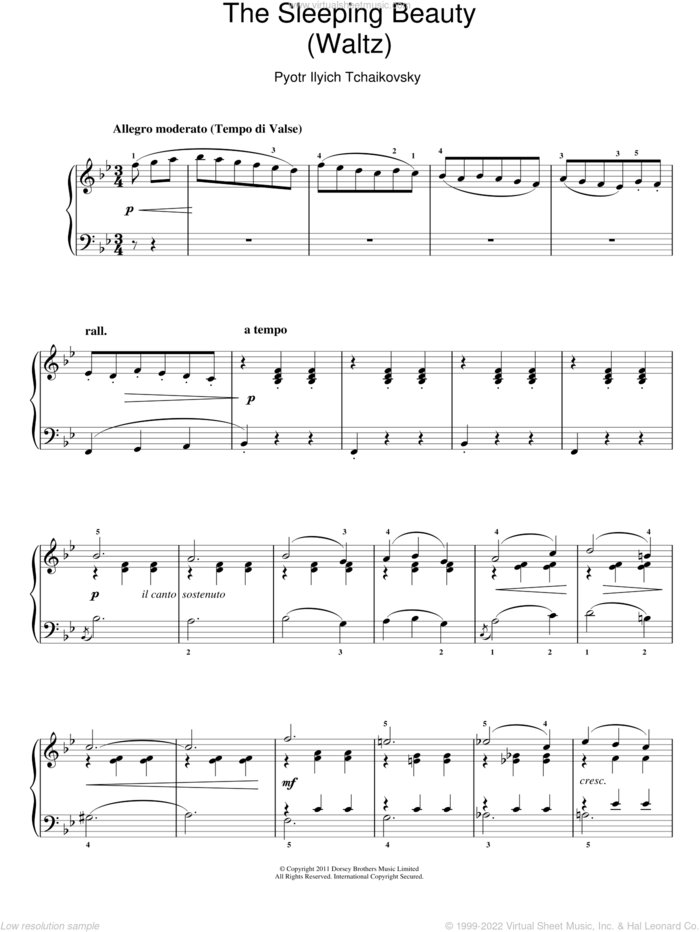 Waltz (from The Sleeping Beauty) sheet music for piano solo by Pyotr Ilyich Tchaikovsky, classical score, intermediate skill level