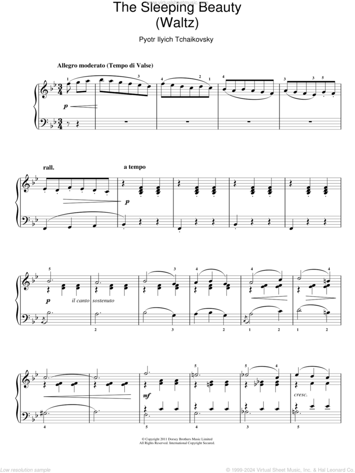 Waltz (from The Sleeping Beauty) sheet music for piano solo by Pyotr Ilyich Tchaikovsky, classical score, intermediate skill level