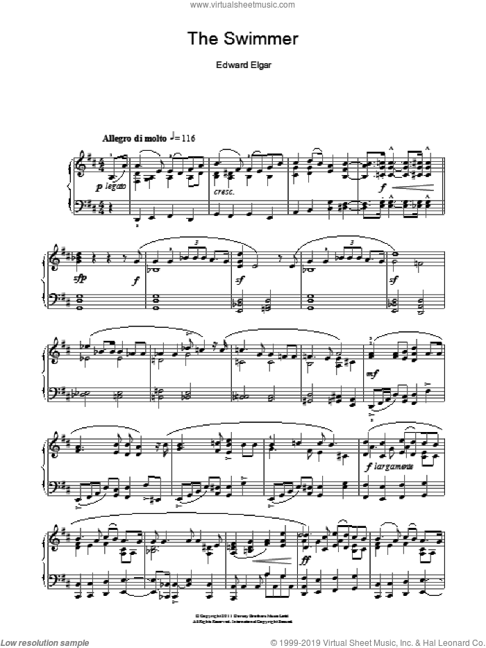 The Swimmer (Sea Pictures Op. 37 No. 5) sheet music for piano solo by Edward Elgar, classical score, intermediate skill level