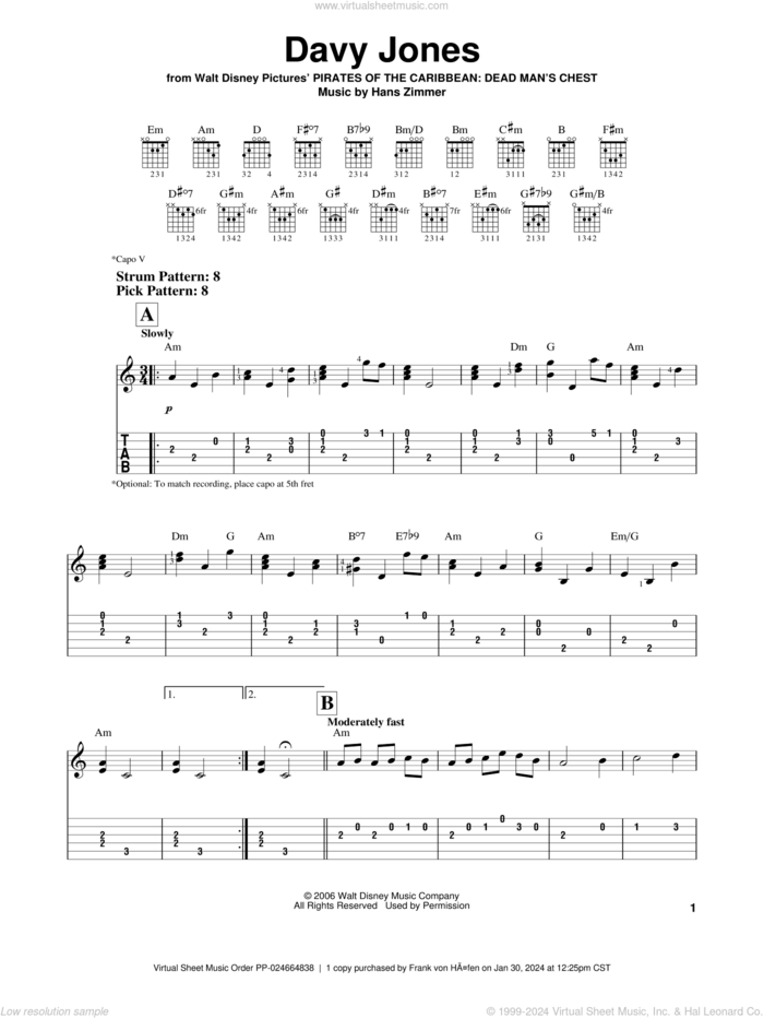 Davy Jones (from Pirates Of The Caribbean: Dead Man's Chest) sheet music for guitar solo (easy tablature) by Hans Zimmer, easy guitar (easy tablature)