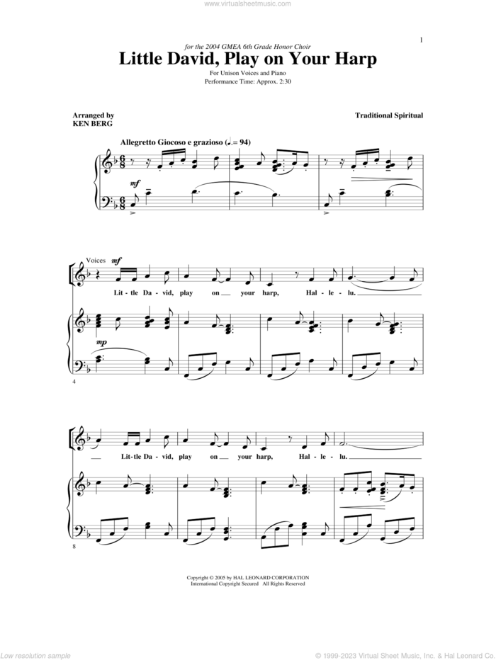 Little David, Play On Your Harp sheet music for choir (Unison) by Ken Berg, Henry Leck and Miscellaneous, intermediate skill level