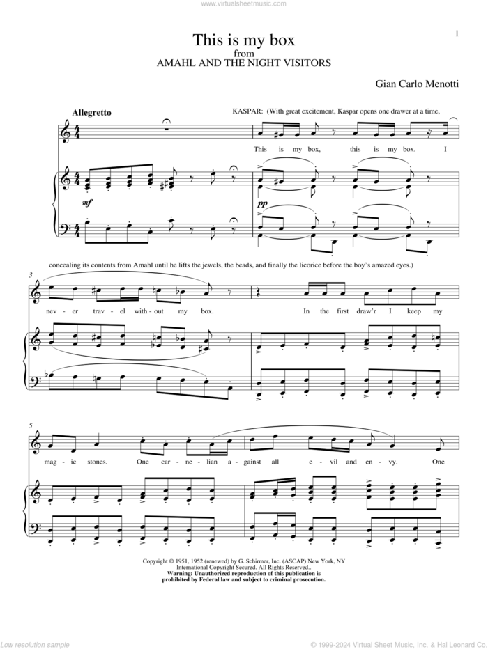 This Is My Box sheet music for voice and piano by Gian Carlo Menotti, classical score, intermediate skill level