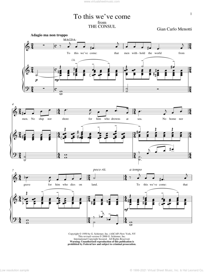 To This We've Come sheet music for voice and piano by Gian Carlo Menotti, classical score, intermediate skill level