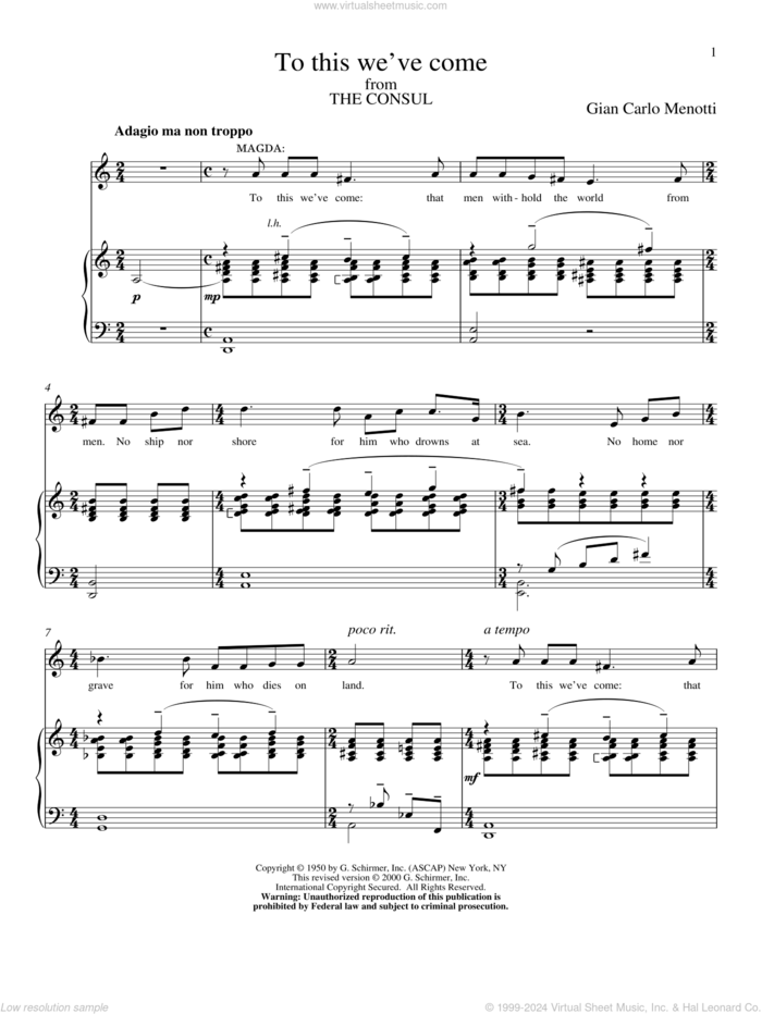 To This We've Come sheet music for voice and piano by Gian Carlo Menotti, classical score, intermediate skill level