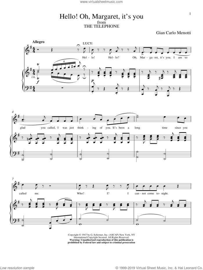 Hello! Oh, Margaret, It's You sheet music for voice and piano by Gian Carlo Menotti, classical score, intermediate skill level