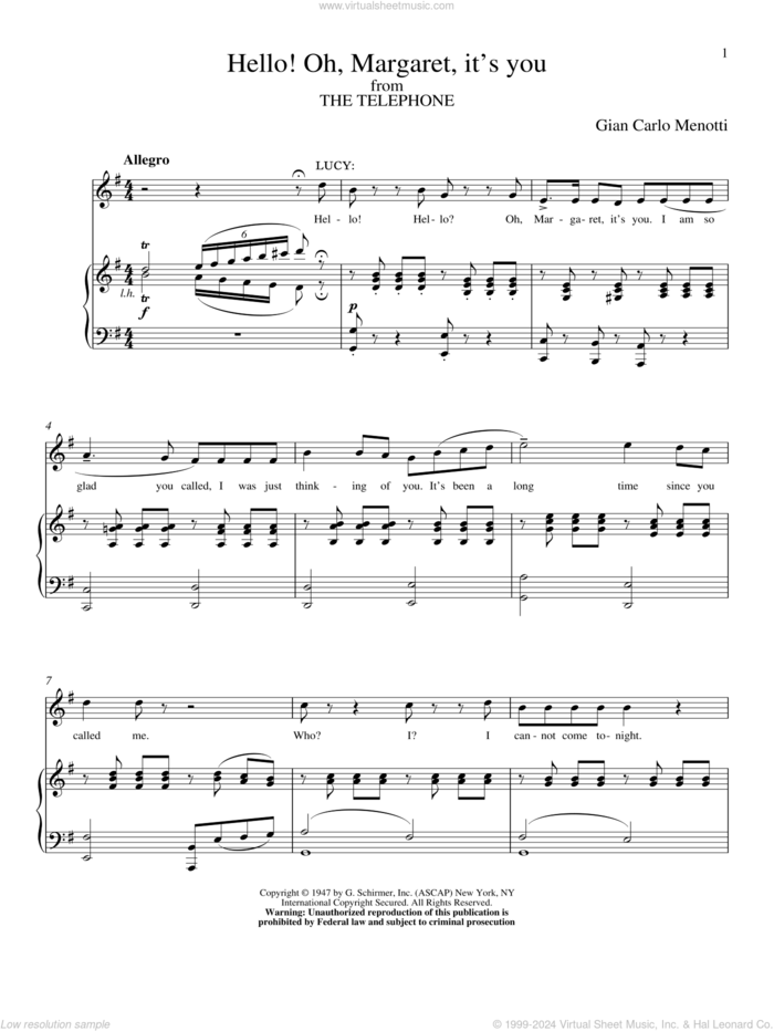 Hello! Oh, Margaret, It's You sheet music for voice and piano by Gian Carlo Menotti, classical score, intermediate skill level