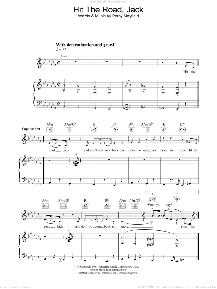 Hit The Road Jack sheet music for voice, piano or guitar by Ray Charles and Percy Mayfield, intermediate skill level
