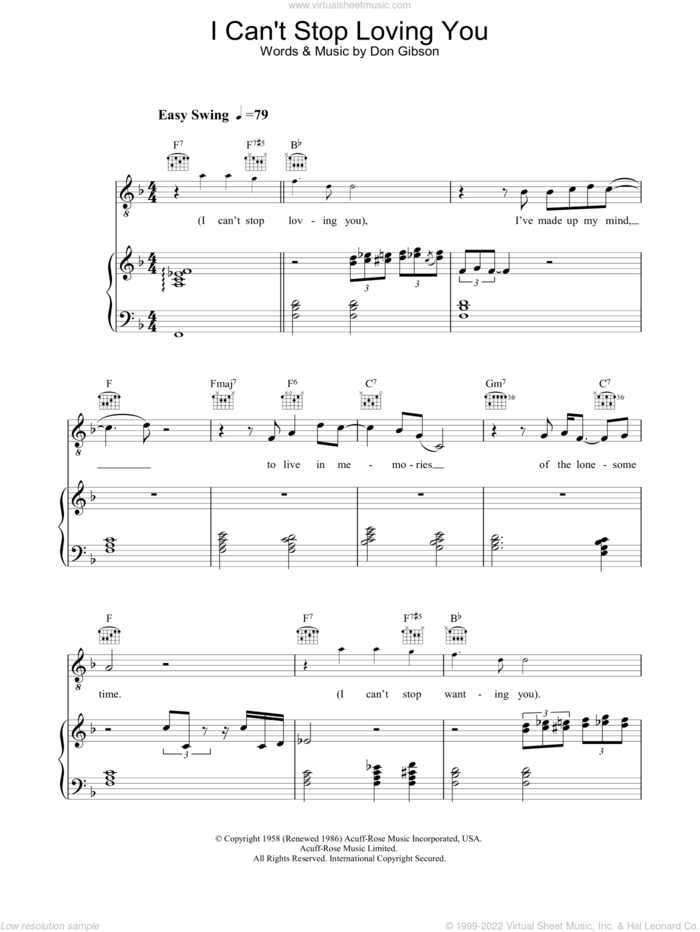 I Can't Stop Loving You sheet music for voice, piano or guitar by Ray Charles, Elvis Presley and Don Gibson, intermediate skill level