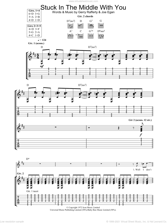 Stuck In The Middle With You sheet music for guitar (tablature) by Stealers Wheel, Gerry Rafferty and Joe Egan, intermediate skill level