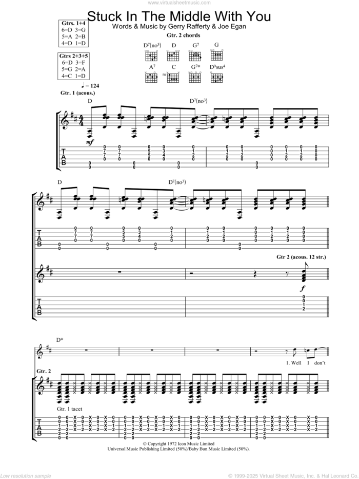 Stuck In The Middle With You sheet music for guitar (tablature) by Stealers Wheel, Gerry Rafferty and Joe Egan, intermediate skill level