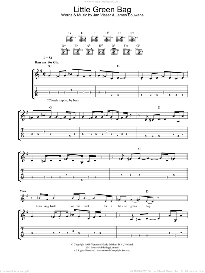 Little Green Bag sheet music for guitar (tablature) by George Baker, James Bouwens and Jan Visser, intermediate skill level