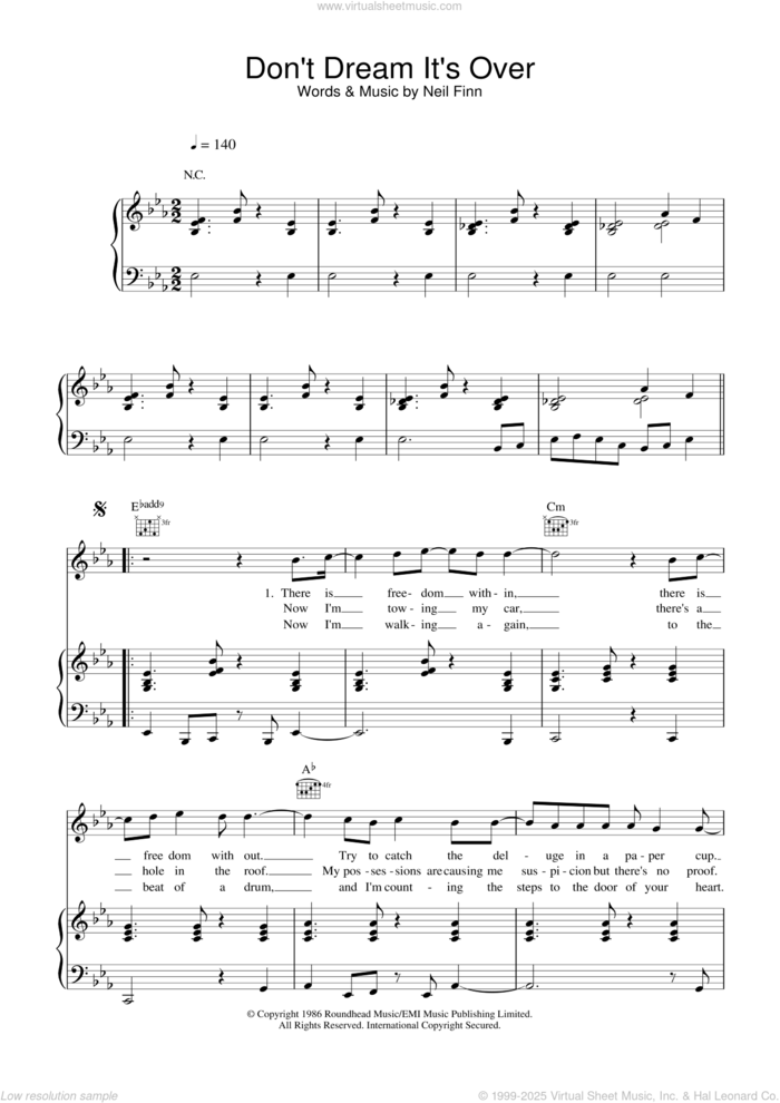 Don't Dream It's Over sheet music for voice, piano or guitar by Crowded House and Neil Finn, intermediate skill level