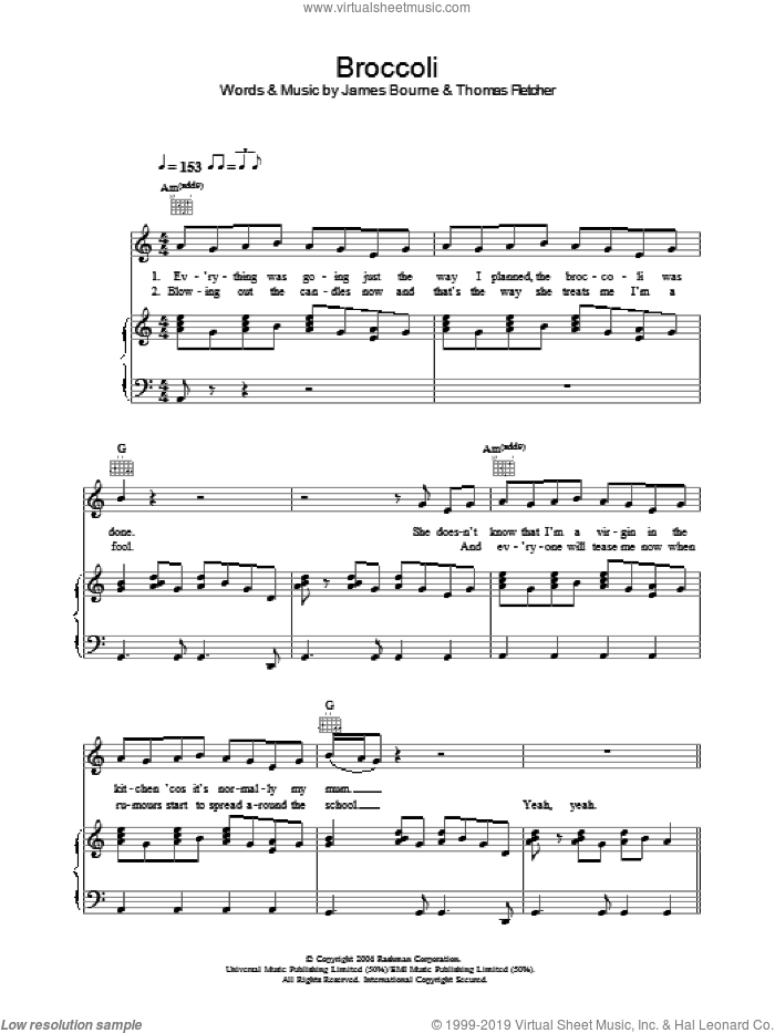 Broccoli sheet music for voice, piano or guitar by McFly, James Bourne and Thomas Fletcher, intermediate skill level