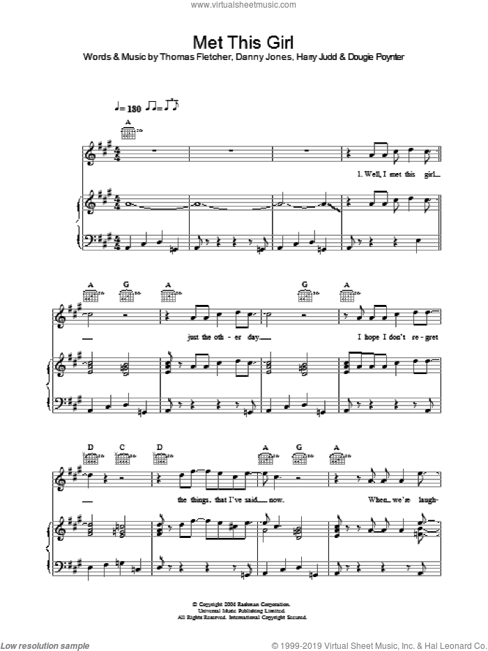 Met This Girl sheet music for voice, piano or guitar by McFly, Danny Jones, Dougie Poynter, Harry Judd and Thomas Fletcher, intermediate skill level
