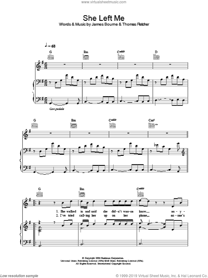 She Left Me sheet music for voice, piano or guitar by McFly, James Bourne and Thomas Fletcher, intermediate skill level
