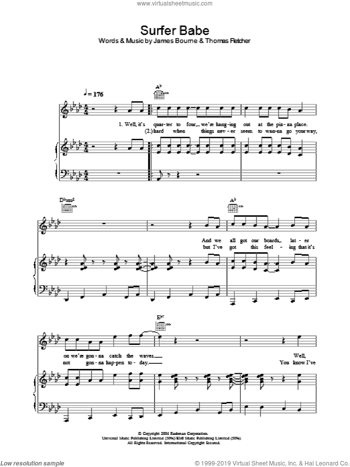 Surfer Babe sheet music for voice, piano or guitar by McFly, James Bourne and Thomas Fletcher, intermediate skill level