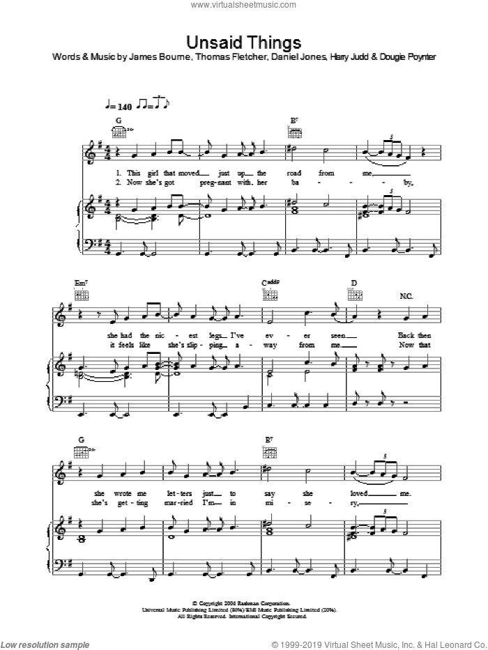 Unsaid Things sheet music for voice, piano or guitar by McFly, Danny Jones, Dougie Poynter, Harry Judd, James Bourne and Thomas Fletcher, intermediate skill level