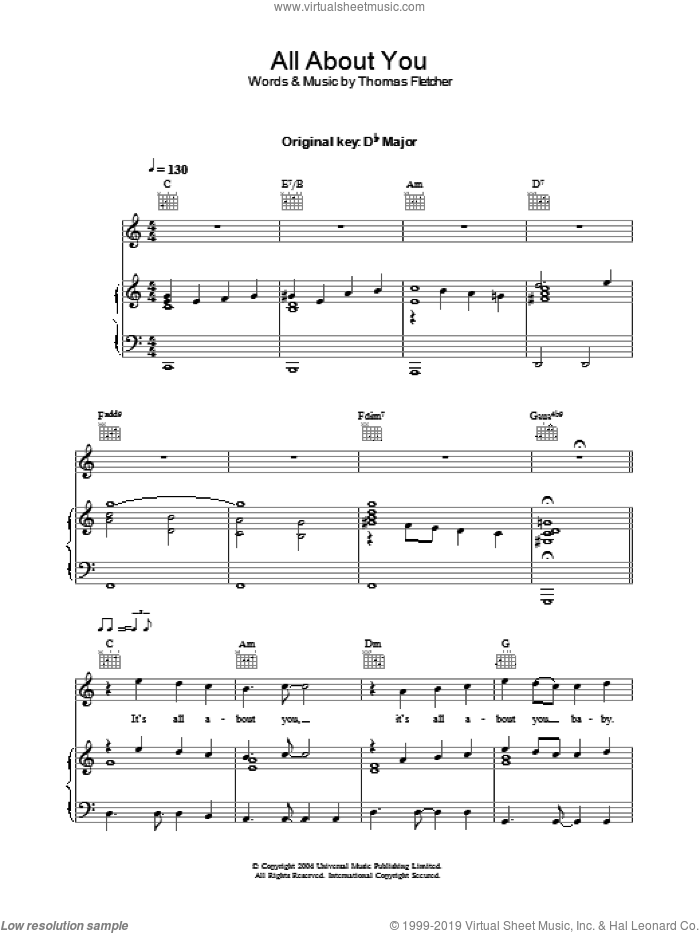 All About You sheet music for voice, piano or guitar by McFly and Thomas Fletcher, intermediate skill level
