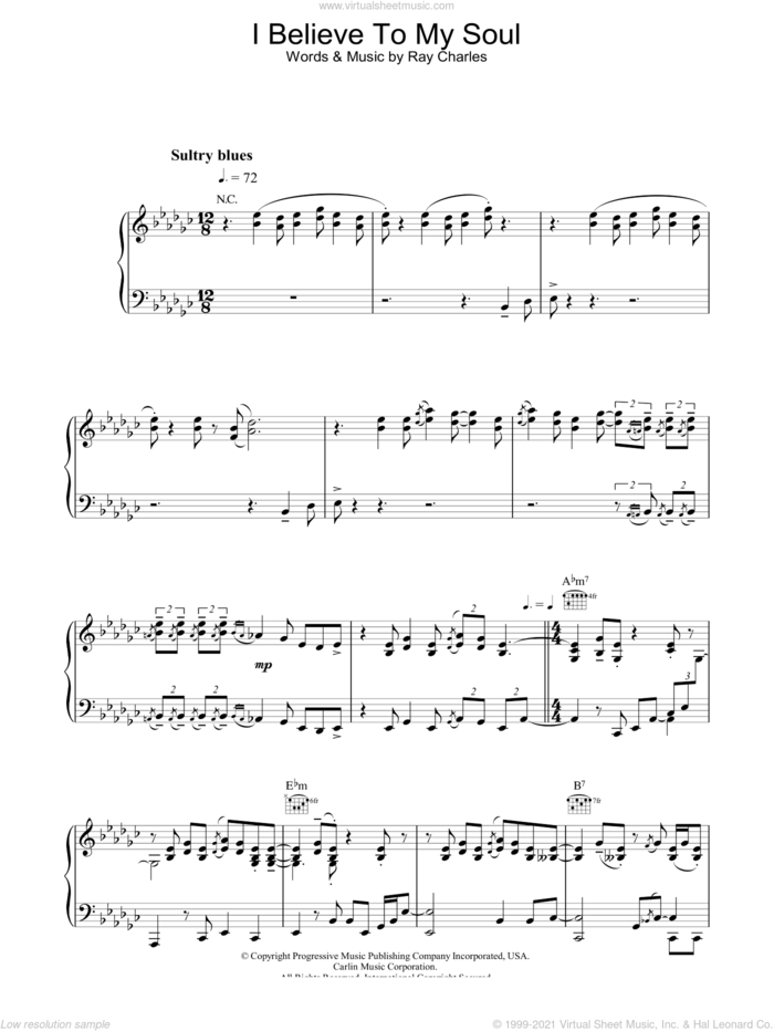 I Believe To My Soul sheet music for voice, piano or guitar by Ray Charles, intermediate skill level