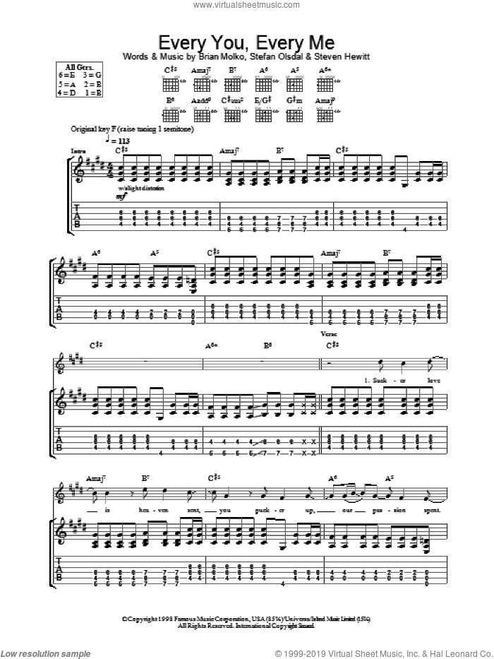 Every You Every Me sheet music for guitar (tablature) by Placebo, Brian Molko, Paul Campion, Stefan Olsdal and Steve Hewitt, intermediate skill level